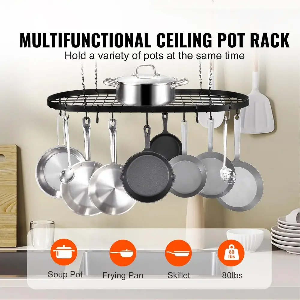 Hanging Pot Rack Ceiling Mount with S Hooks Spacious 32-inch Pan Holder 80 lbs Load Capacity Easy Installation Premium Carbon