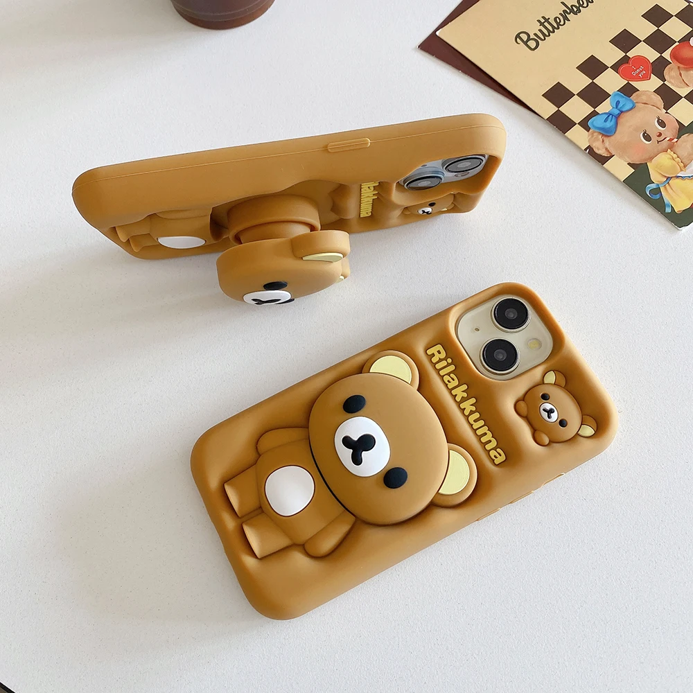 Kawaii 3D Cartoon Rilakkuma Bear Phone Case Soft Silicone Cover With Stand Holder For iPhone 11 12 13 14 15 16 Pro Max Plus