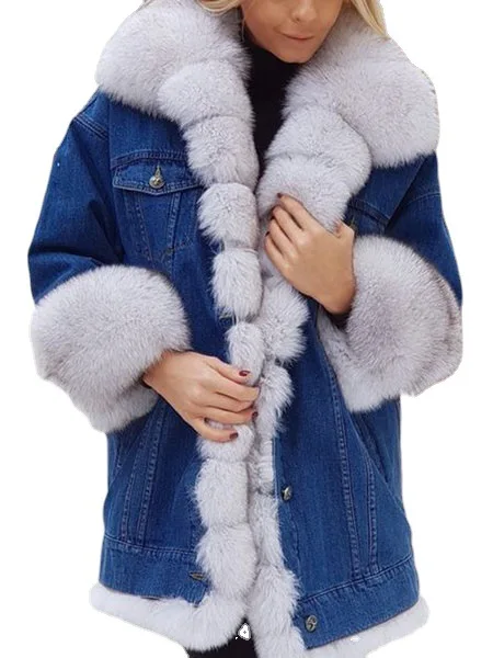 2023ผู้หญิงฤดูหนาว Faux Fur Hooded สุภาพสตรี Warm Thicken DENIM ปุ่ม Outwear ผู้หญิงแฟชั่นแบบลำลอง Overcoat