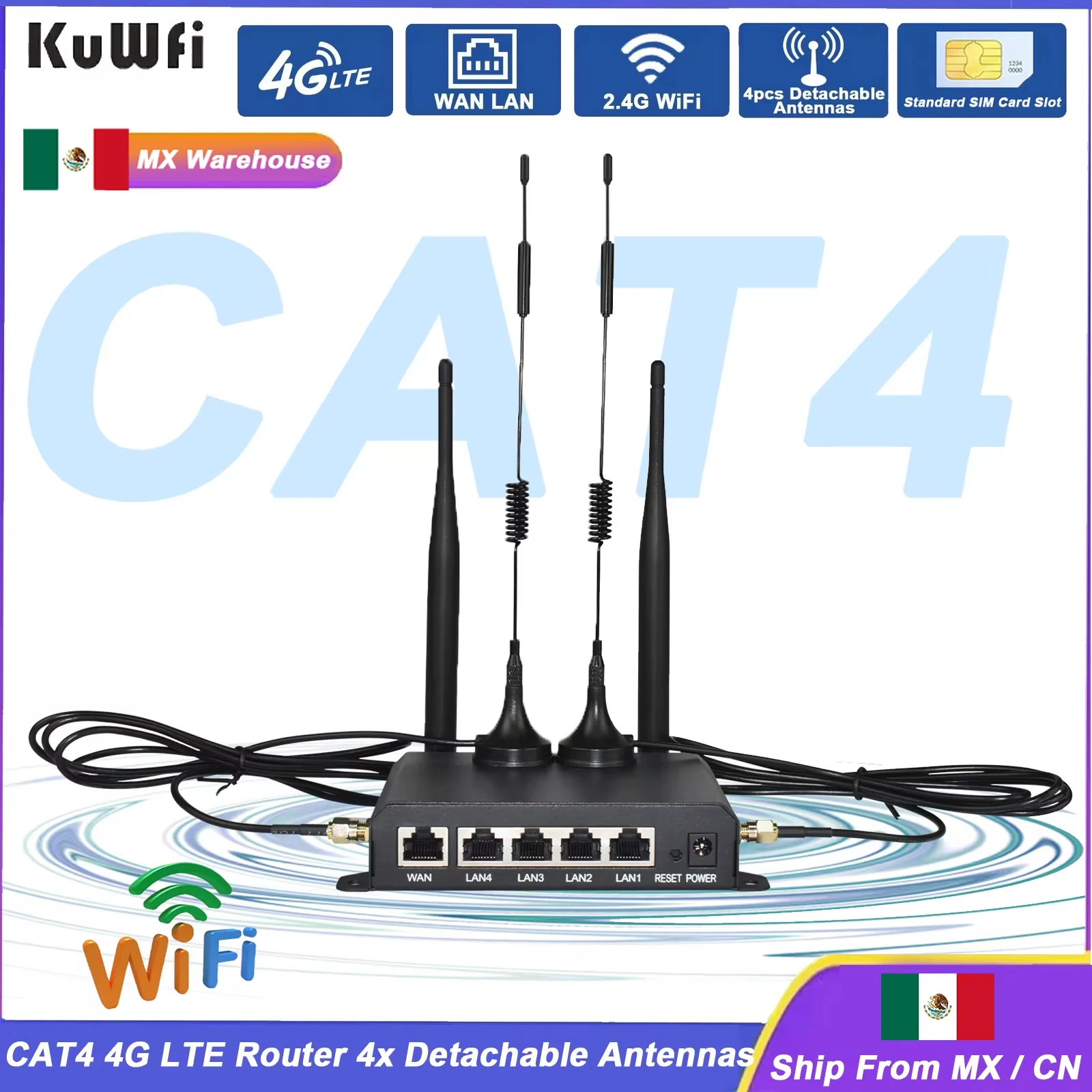 

KuWFi 300Mbps 4G LTE Router CAT4 2.4Ghz Wireless WiFi Router wtih WAN 4x LAN Port AP Repeater Mode Detachable External Antennas