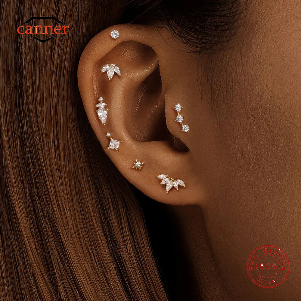 CANNER, 1 unidad, corona de Plata de Ley 925, ojo de caballo, circonita, corazón, cabeza plana, Piercing para cartílago, pendiente Claasic para mujer