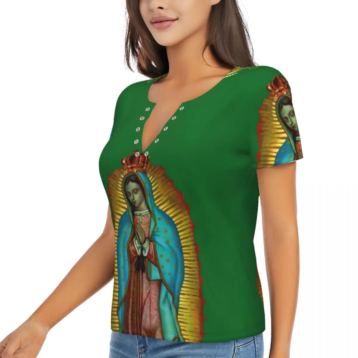 Virgin Mary T-Shirt Our Lady of Guadalupe Y2K Cool Deep V Neck T Shirts Short Sleeve Classic Tshirt Summer Custom DIY Top Tees