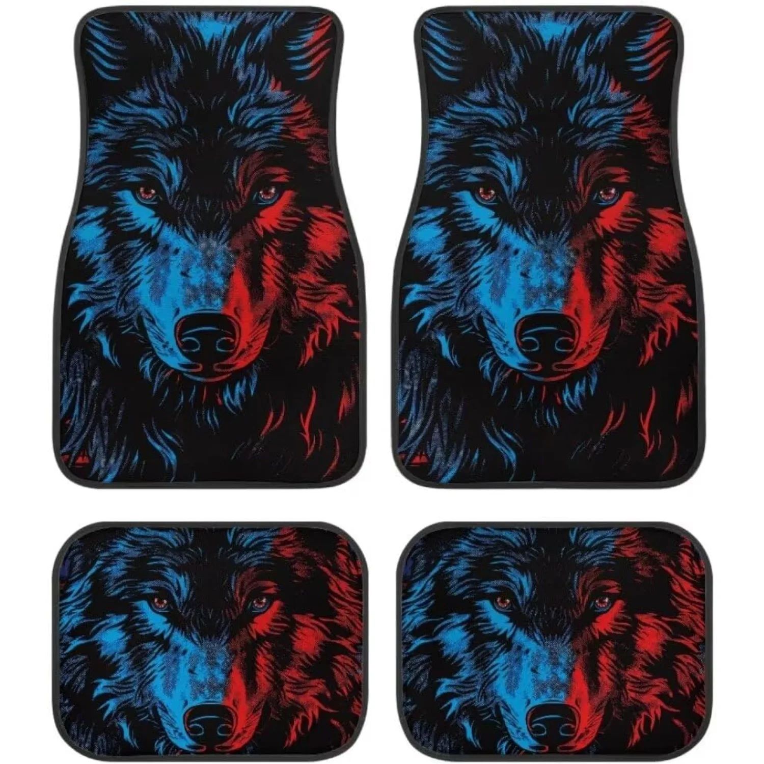 4pcs Blue Red Wolf Print Automotive Floor Mats Universal Fit Full Set Durable Interior Car Accessories For Most Sedan, SUV, Truc