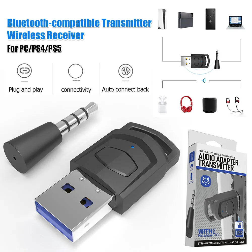 

Bluetooth Wireless Headset Adapter Transmitter for PS5 PS4 PC Receiver Adapter Wireless Headphone Receiver
