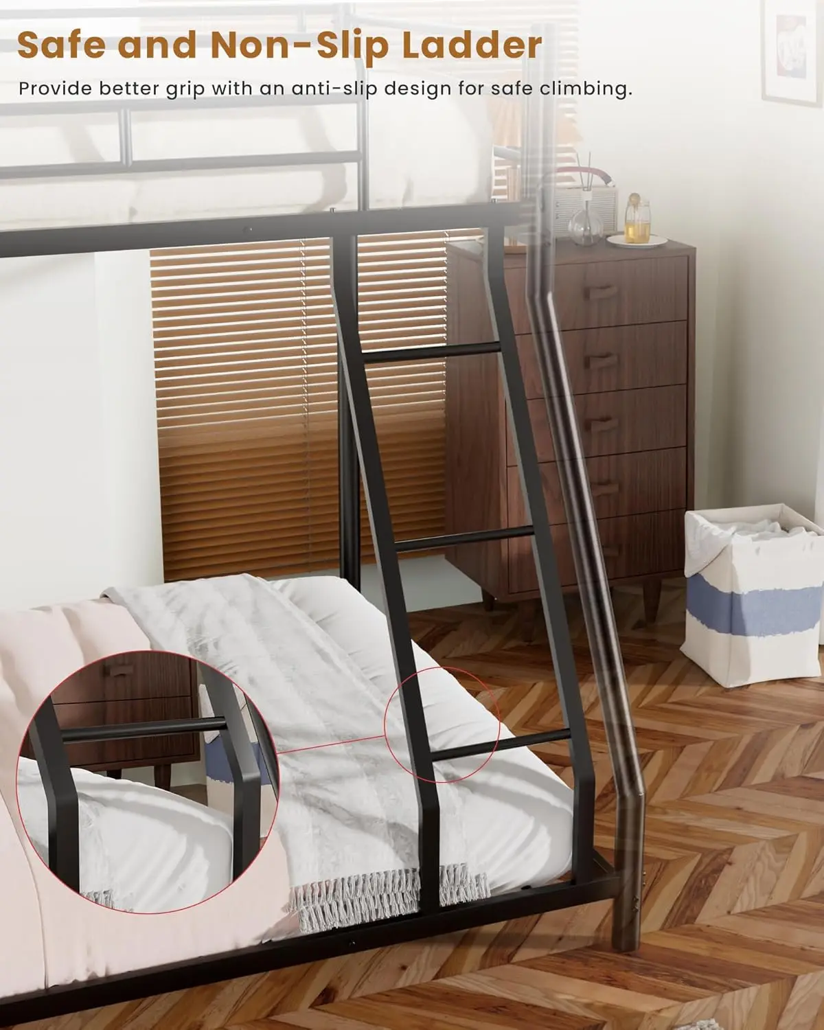 سرير مزدوج بطابقين كامل، إطار معدني شديد التحمل، سلم EVA، درابزين كاملة، أسود