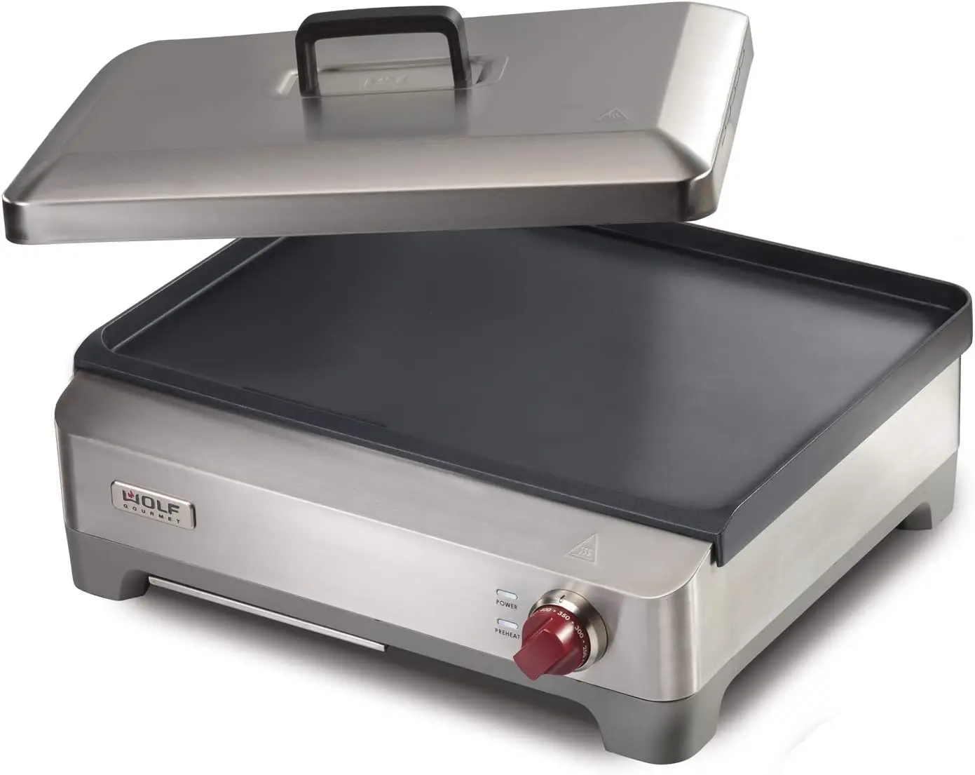 Precision Electric Griddle, Indoor Grill, 200 sq. in, Nonstick Coating, Advanced Temperature Control, Stainless Steel, Red Knob