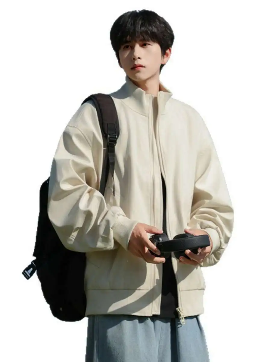 Chaqueta Corta Estilo Piloto Estudiantil, Moda Masculina, Ropa de Calle Otoñal, Chaqueta de Béisbol con Cuello Alto, Tejido d...