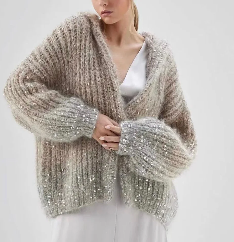 Lurex Sequin Sweater Cardigan Women Sparkling Knitted Long Sleeve Loose Hooded Female Streetwear Jakcet Knitted Cardigan