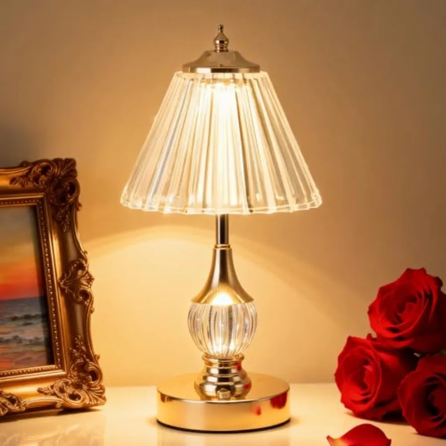 

Vintage Gold Crystal Rechargeable Lamp Cordless, LED Touch Battery Operated Table Lamp, 3 Colors Dimmable Portable, Modern Home