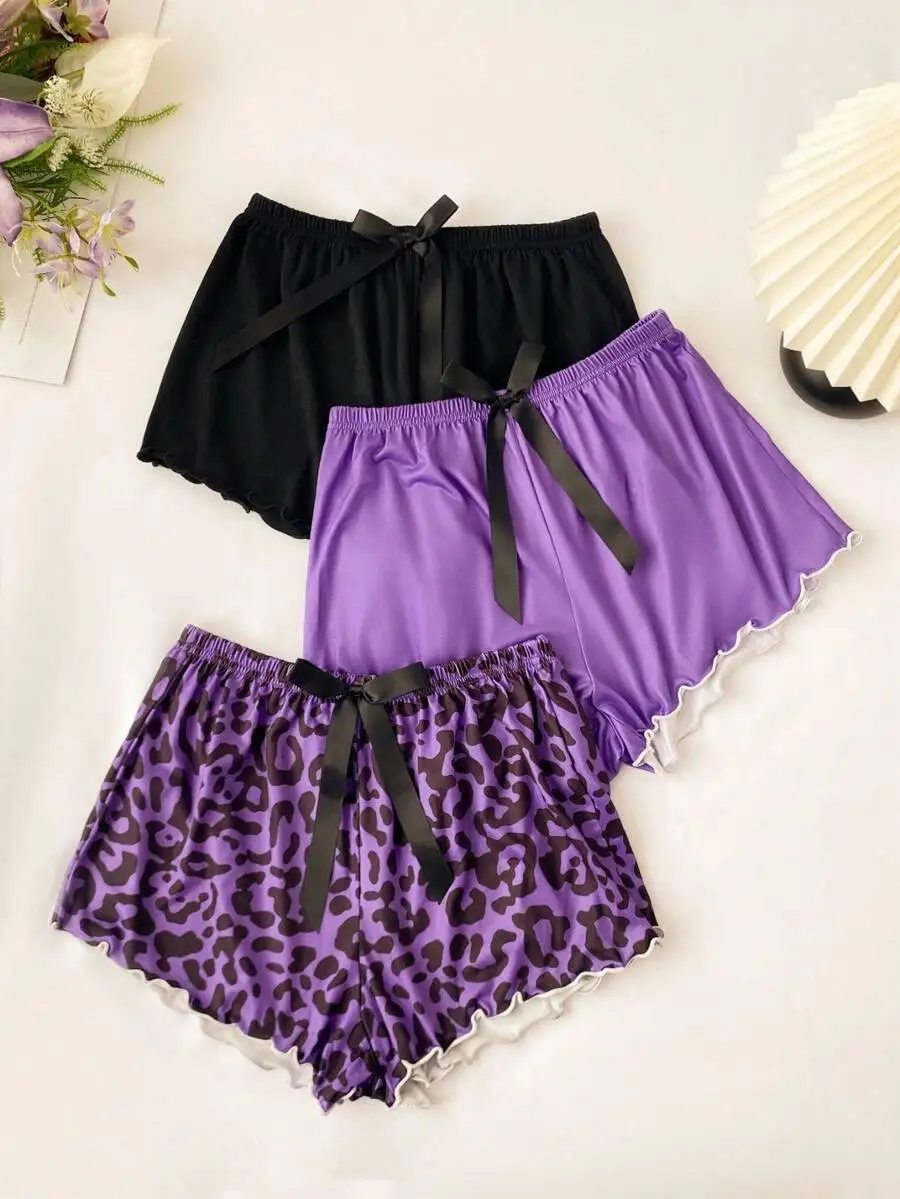 3pcs Womens Bow Decor Pajama Shorts Summer Casual Sleep Bottoms