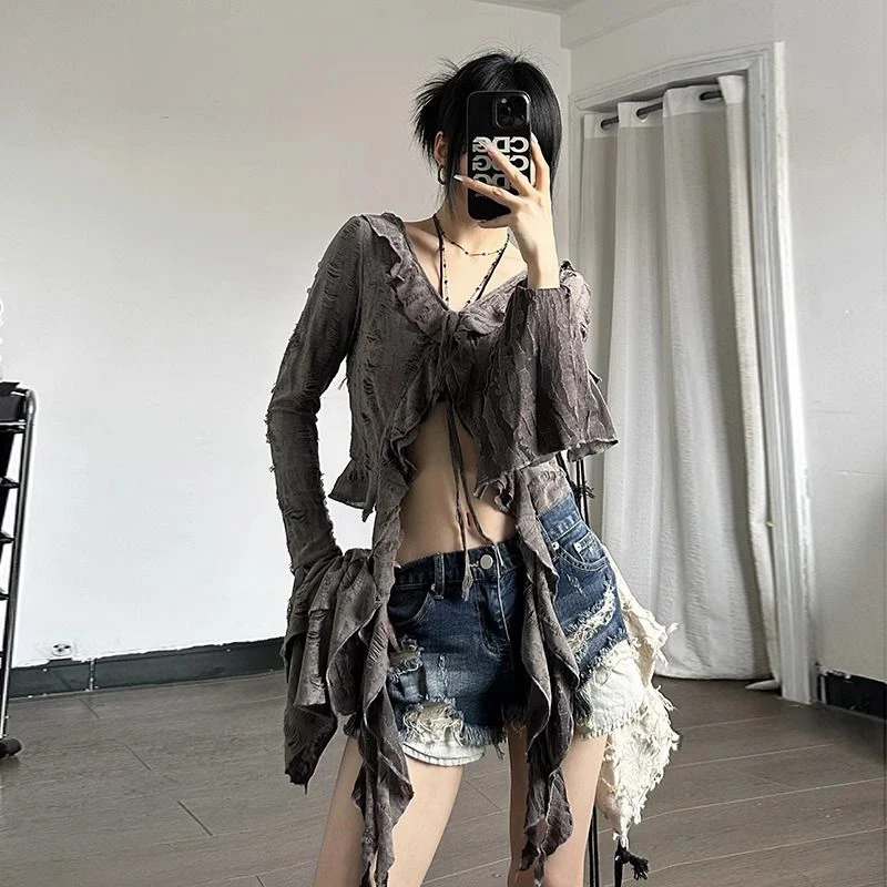 Irregular Cardigan Women Tassels Chic Solid Long-Sleeved Harajuku Y2K Shirt Fashion Skinny Ruffled Korean Flare Lace-Up Blouse