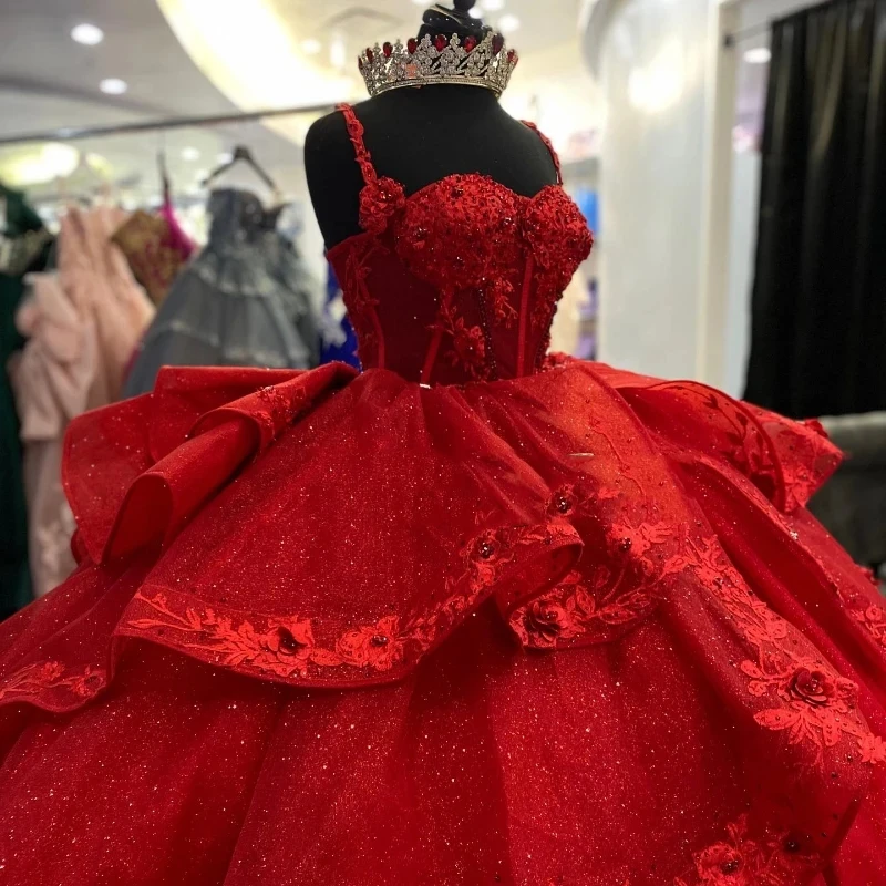 Red Quinceanera Dress Off the Shoulder Ball Gown Lace Applique Beading Tull Sweet 16 Year Old Party Dress Vestidos De 15 Años