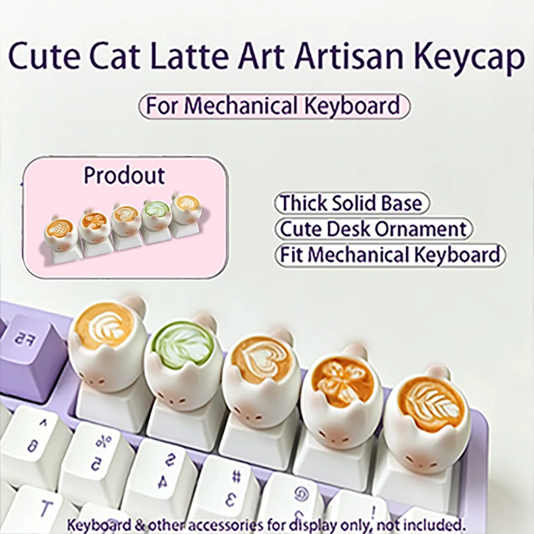 Kawaii Cat Keycap, Thai Coffee Cartoon Key Cap for PBT Profile Gaming Keyboard Decoration
