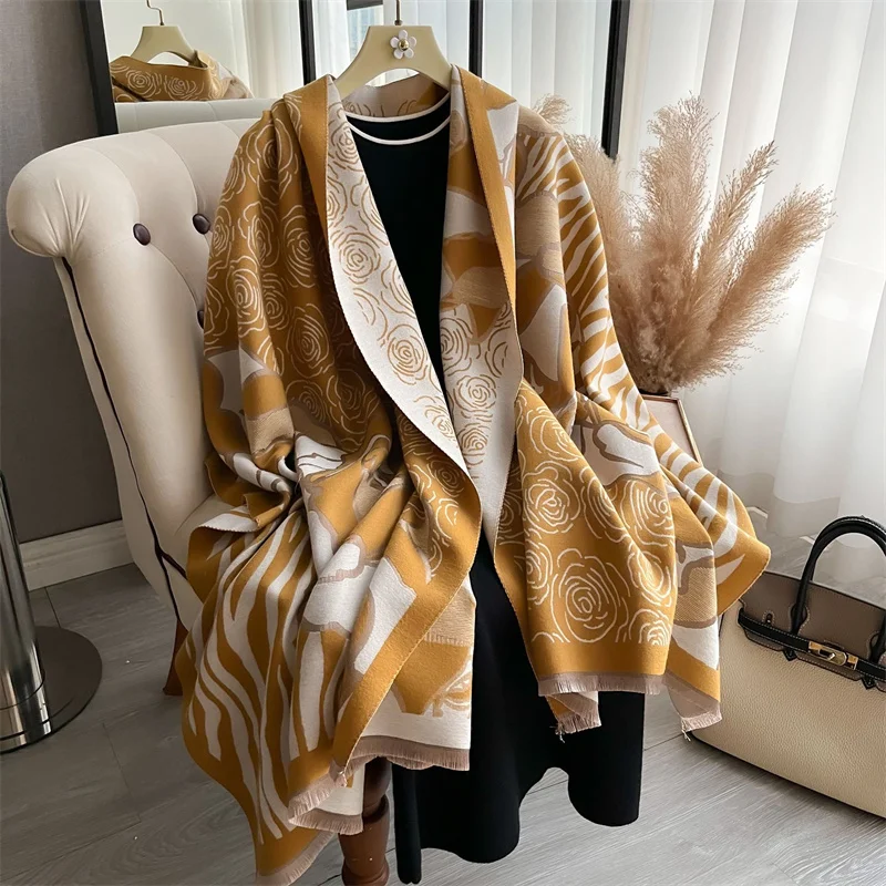 Luxury Cashmere Floral Scarf Winter Women Pashmina Shawls Warm Blanket Wraps Female Foulard Bandana Brand Thick Scarves Hijab