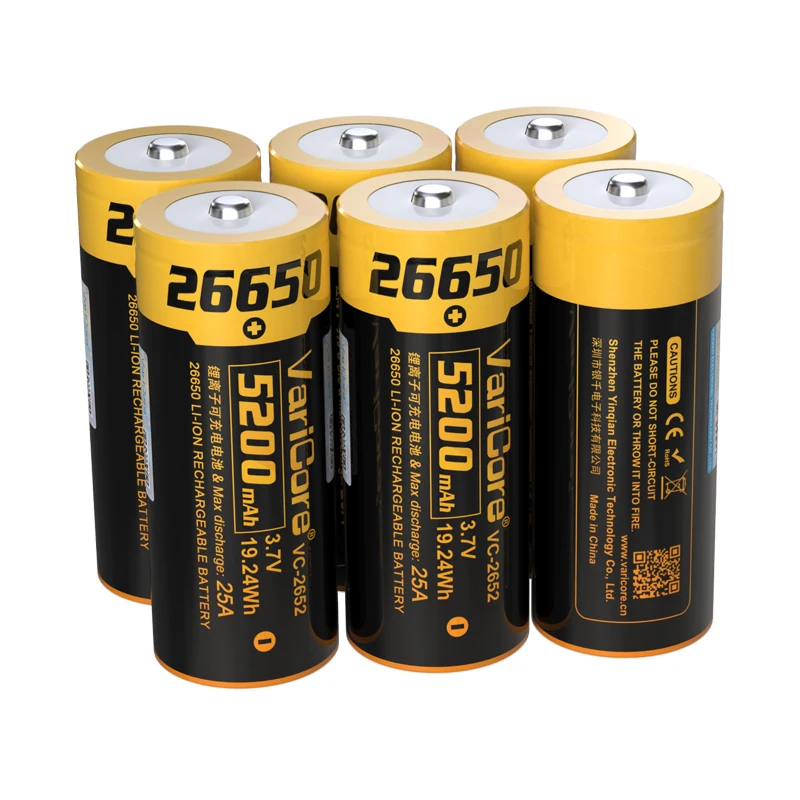 VariCore VC2652 5200mAh 26650 ليثيوم أيون 3.7 فولت بطارية قابلة للشحن 25A تفريغ 3.6 فولت مع طرف لبطاريات المصباح الأمامي