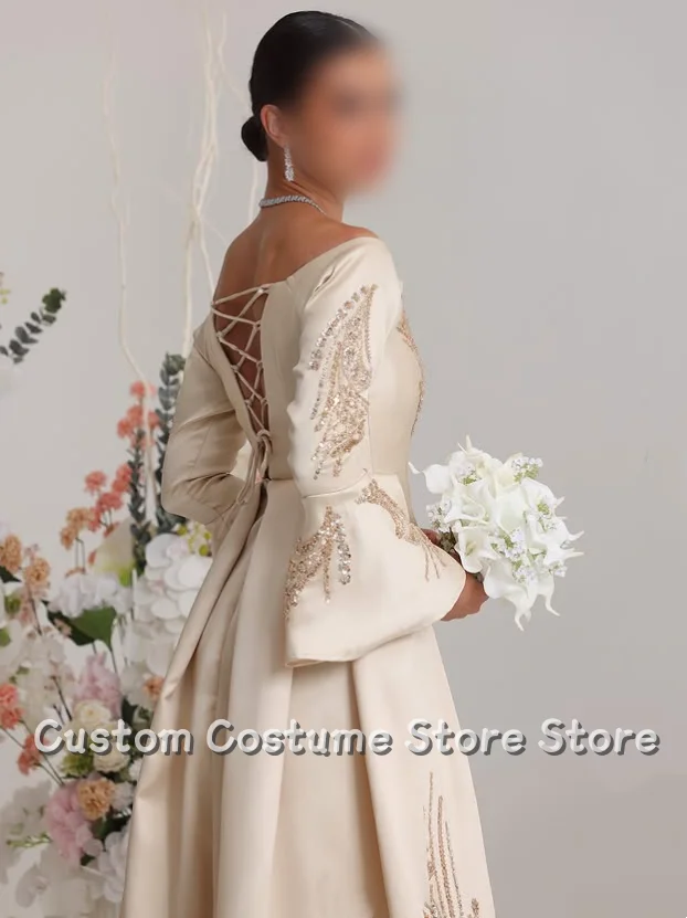 Customised Luxury Wedding Dress Off-the-Shoulder Long Sleeve Wedding Dress Beaded Sequin Train and Floor-Length Ivory Arabic Wed