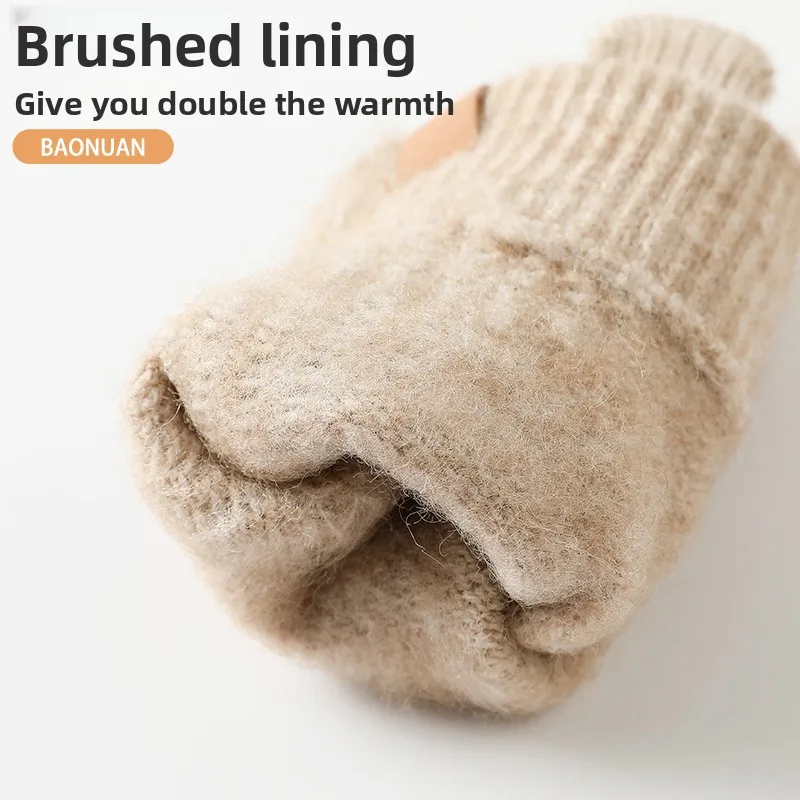 Women Winter Thickened Fleece Lined Knit Gloves Alpaca Wool Soft Fit Outdoor Touchscreen Protective Gloves Hand Protection