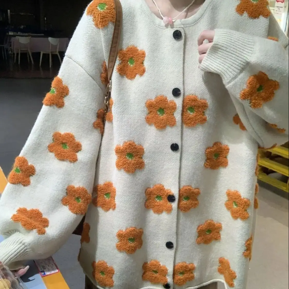 O Neck Flower Loose Knitwear Cardigan Female Spring Autumn Knit Outwear Women'S Sweater Coat Korean Floral Casual Cardigans