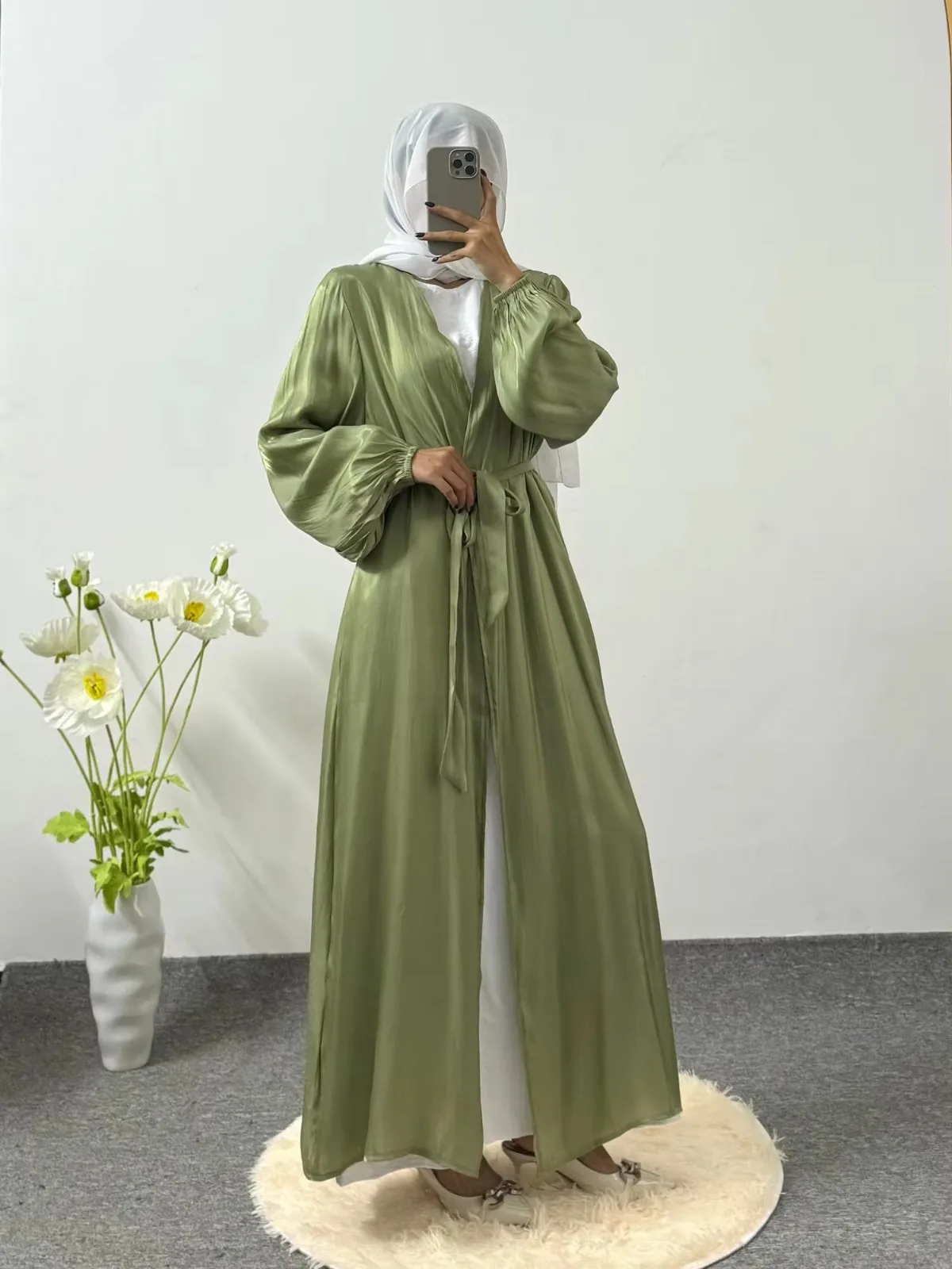 Open Front Abaya Muslim Long Sleeve Wearout Kaftans Maxi Dress With Belt Women Jilbabs Dubai Robe Caftan Women\'s Clothing Abayas