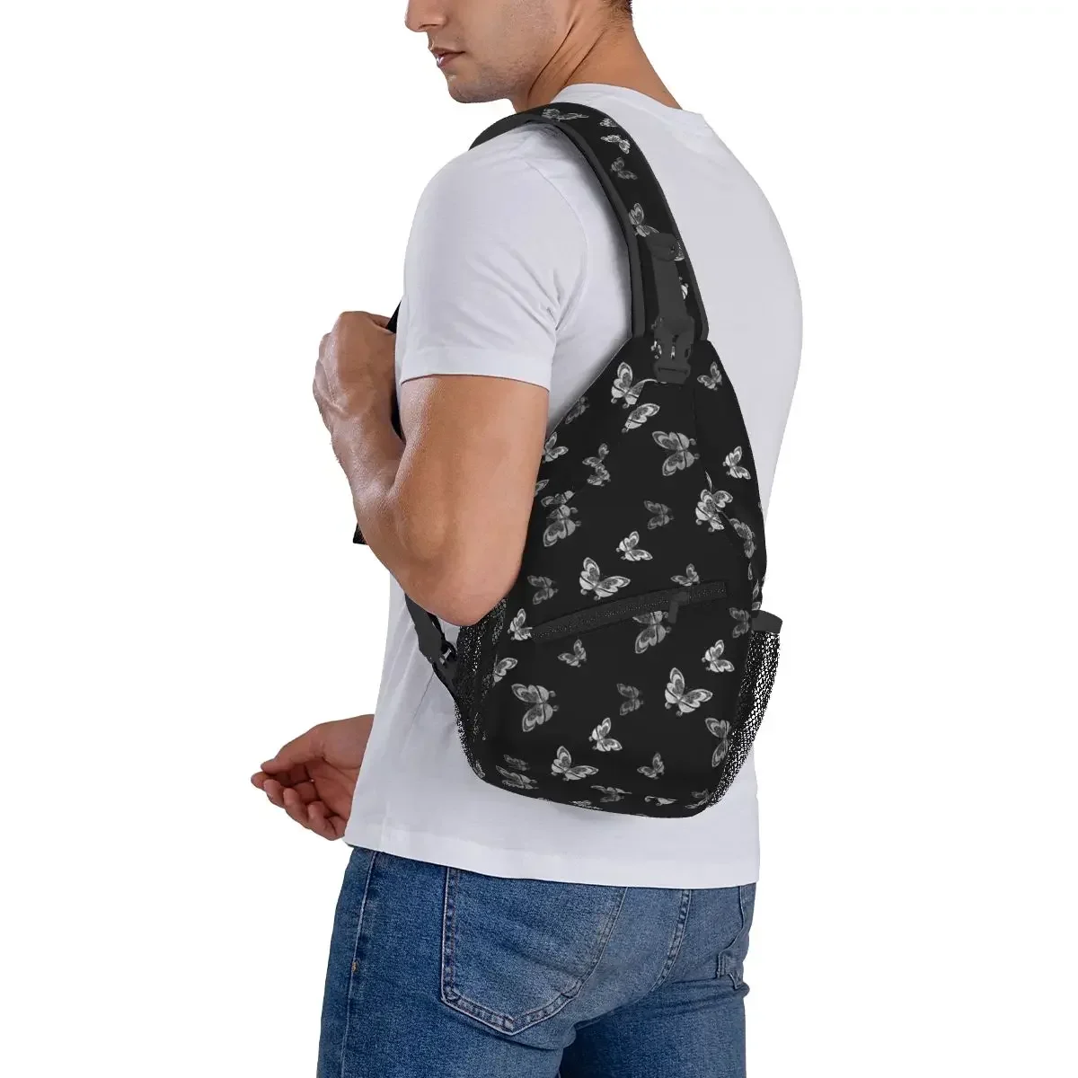الفراشات نمط (أبيض) حقيبة الصدر الرجال حبال Crossbody على ظهره حقيبة الصدر السفر المشي لمسافات طويلة Daypack حقيبة الكتف