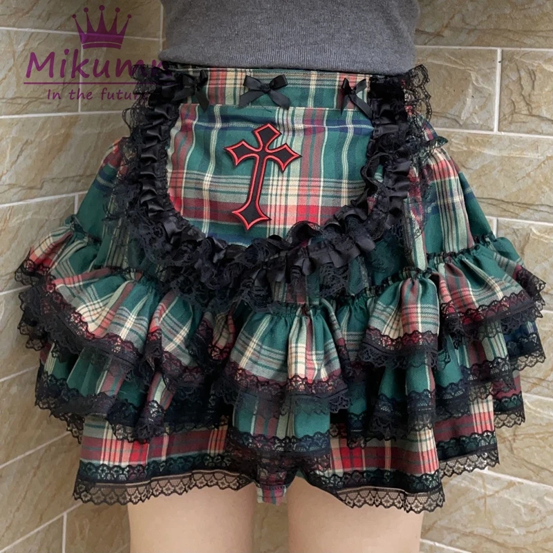 Mikumn Harajuku rok Mini kotak-kotak lucu Lolita Gothic rok pendek Y2k Punk anak perempuan renda silang renda rok kue gaun bola