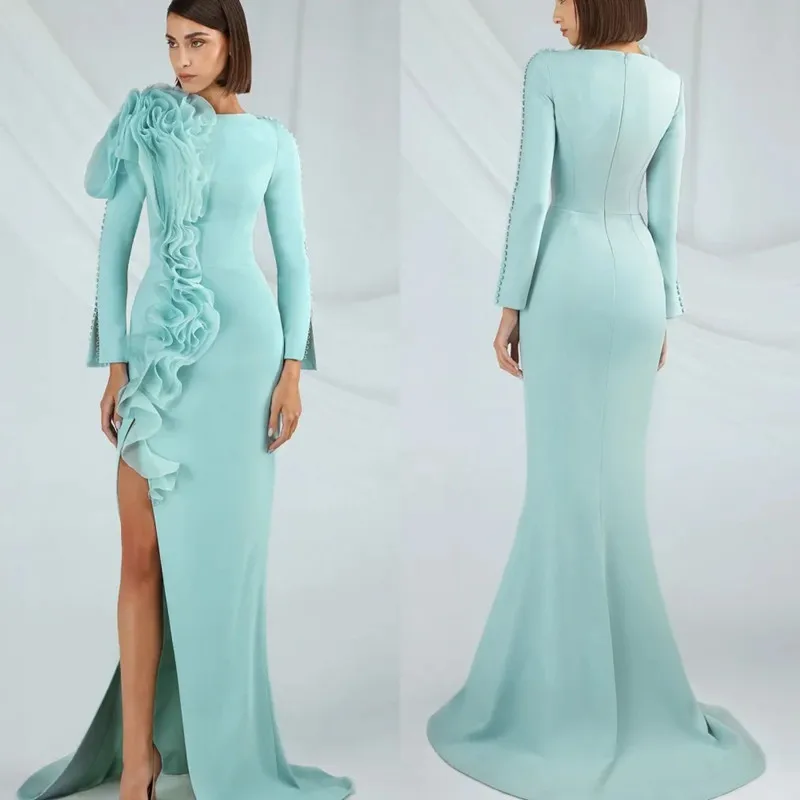 

Aleeshuo Simple Mermaid O-Neck Prom Dress Long Sleeves Pleated Button Sexy Side Slit Party Dresses 205 Party Dress Customized