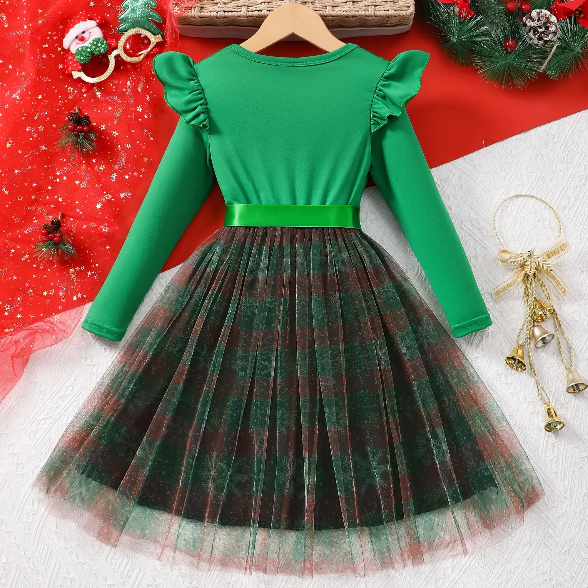 Christmas Kids Girls Dress Long Sleeve Belt Spring Summer Gauze Children Dress Casual Soft Ventilate Baby Girls Clothing 2-7Y