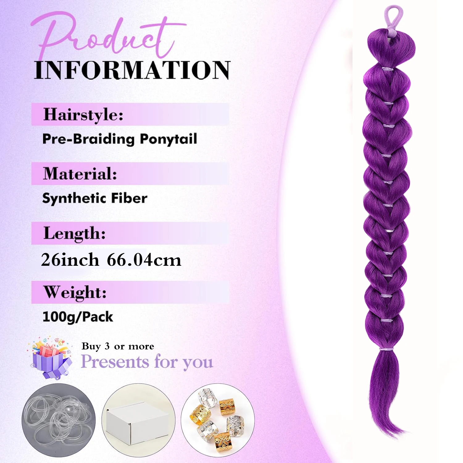 Lila Drachen-Zopf-Haarverlängerung für Mädchen, langer Jumbo-Bubble-Zopf, Pferdeschwanz, synthetisches geflochtenes Haarteil, Party-Cosplay-Kostüm – Detail 3