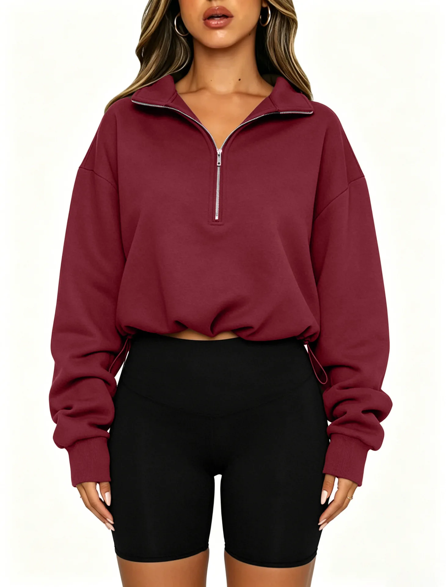 Women Half Zip Sweatshirt Cropped Pullover Oversized Long Sleeve Drawstring Hem Hoodie Y2K Athletic Sportswear