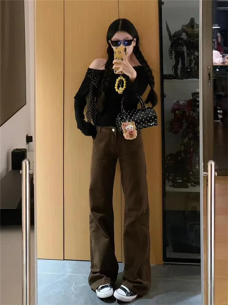 Tall Women's Low Waist Coffee Brown Flared Jeans Autumn Winter Washed Loose Slim Wide Leg Floor-Length Pants