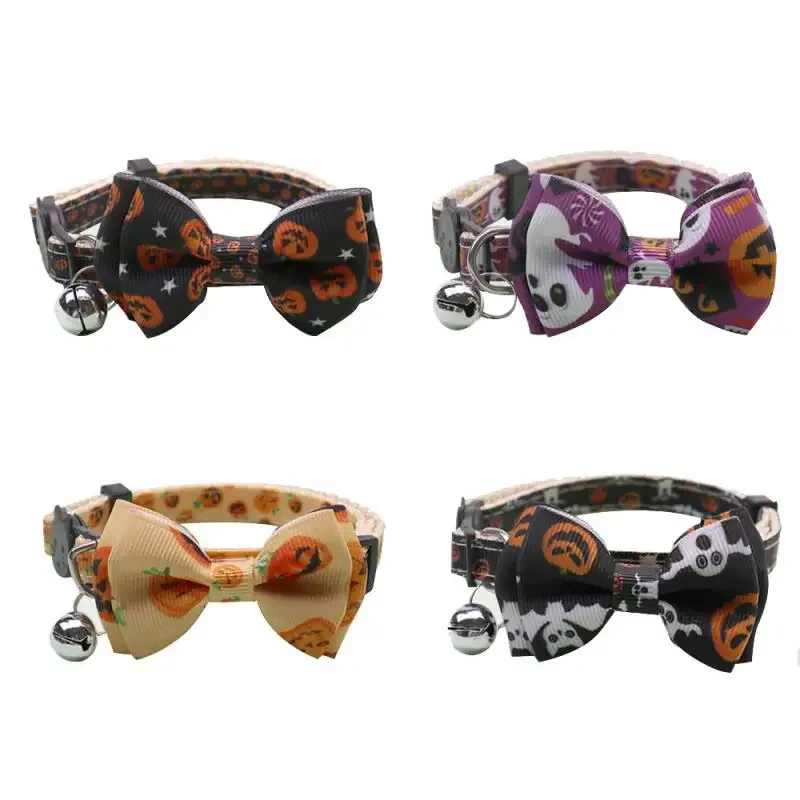 Happy Halloween Cat Collar With Bell Bowknot Puppy Kitten Necklace Adjustable Safety Buckle Strap Chihuahua Bow Tie Pet Supplies