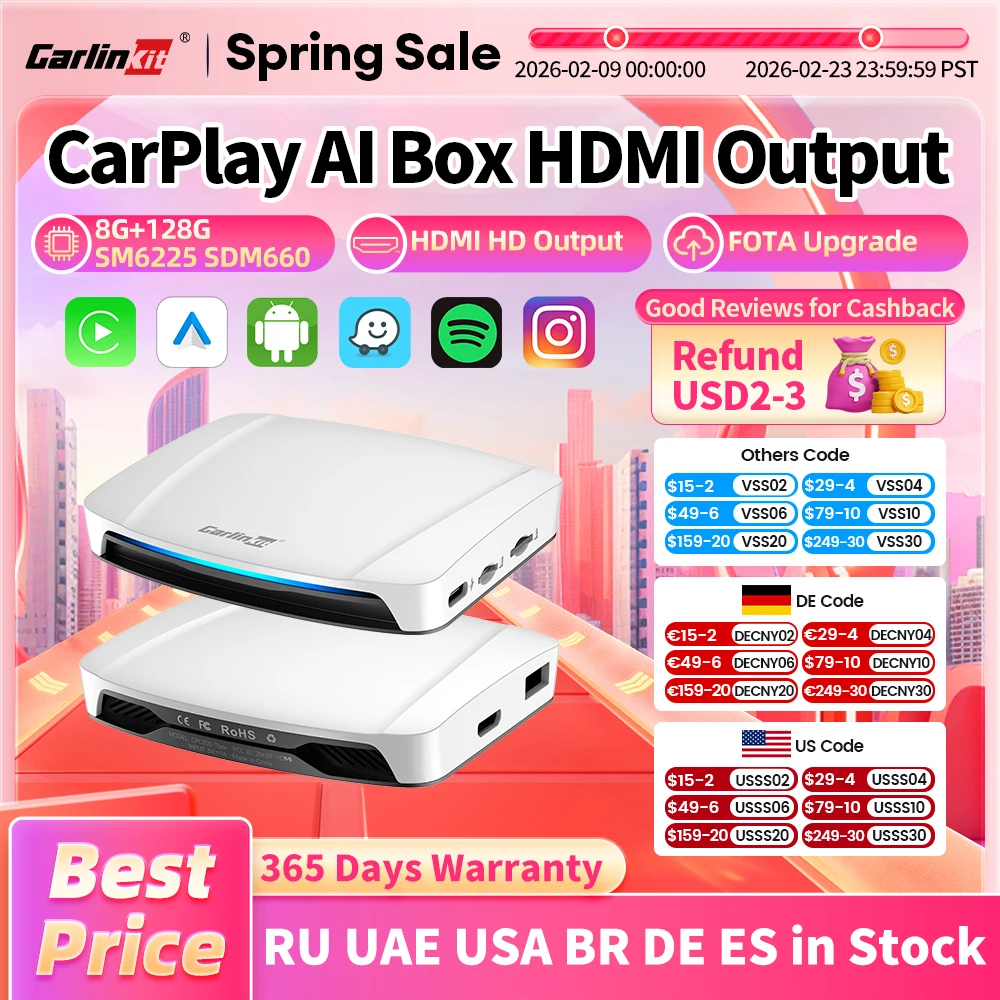 UHD CarlinKit HDMI Video Output Android 13 CarPlay AI Box SM6225 8-Core Android Auto Wireless CarPlay Split Screen Smart TV Box