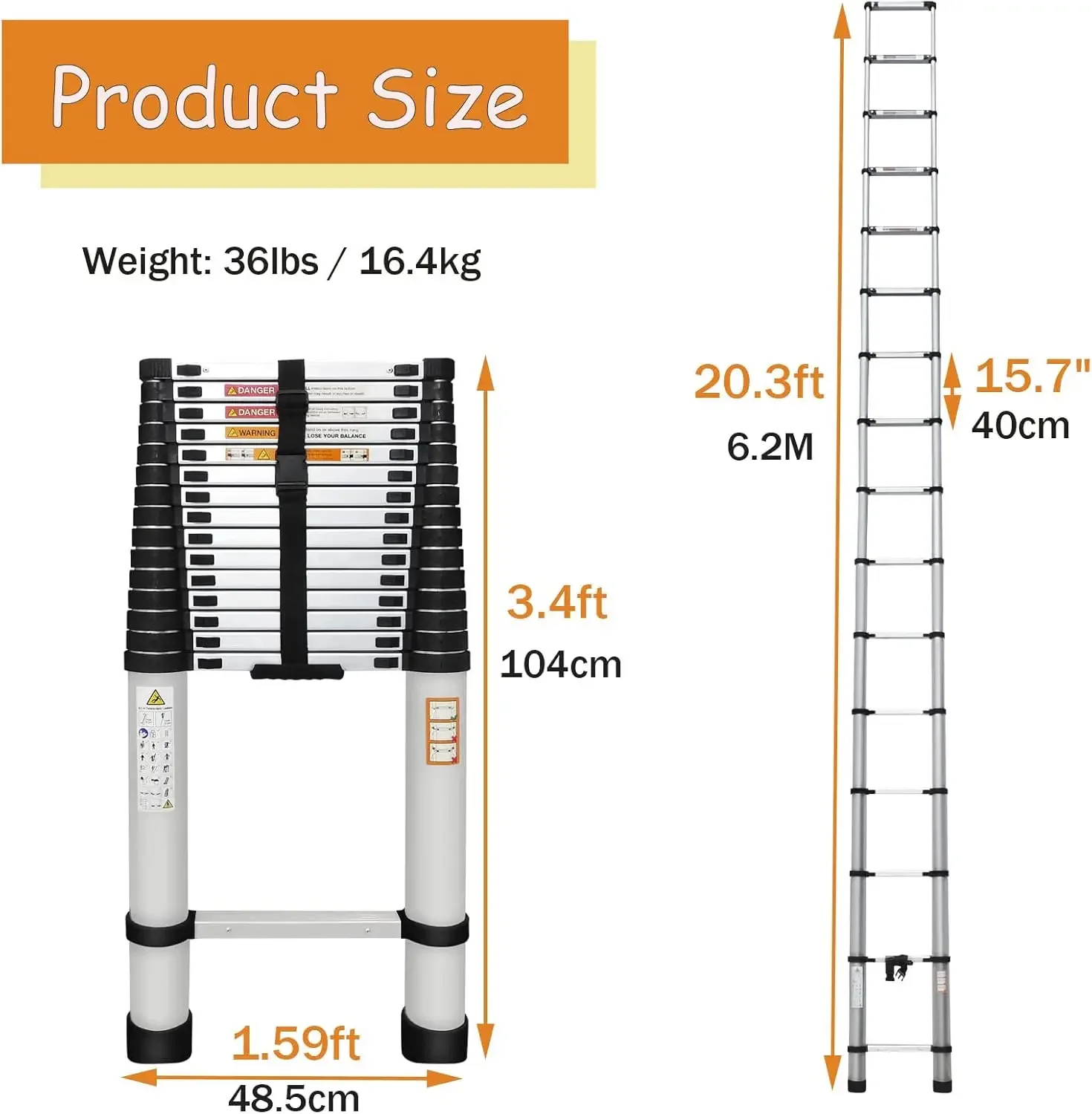 3ft Aluminum Telescopic Ladder Folding Ladder with 2 Detachable Hooks, Weight 36lbs, Adjustable Height, 330lbs Load Capacity,