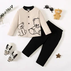 1-6 Years Kids Boy 2PCS Autumn&Summer Clothing Set Bear Print Button Long/Short Sleeve Top+Pants Toddlers Birthday Party Outfit