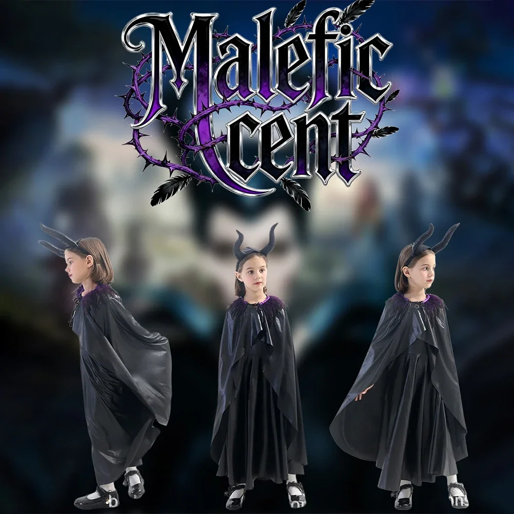 고딕 다크 요정 의상 세트 - 테마 파티와 코스프레를 위한 탈부착 가능한 뿔 머리장식이 있는 말레피센트 스타일 검은 망토 드레스