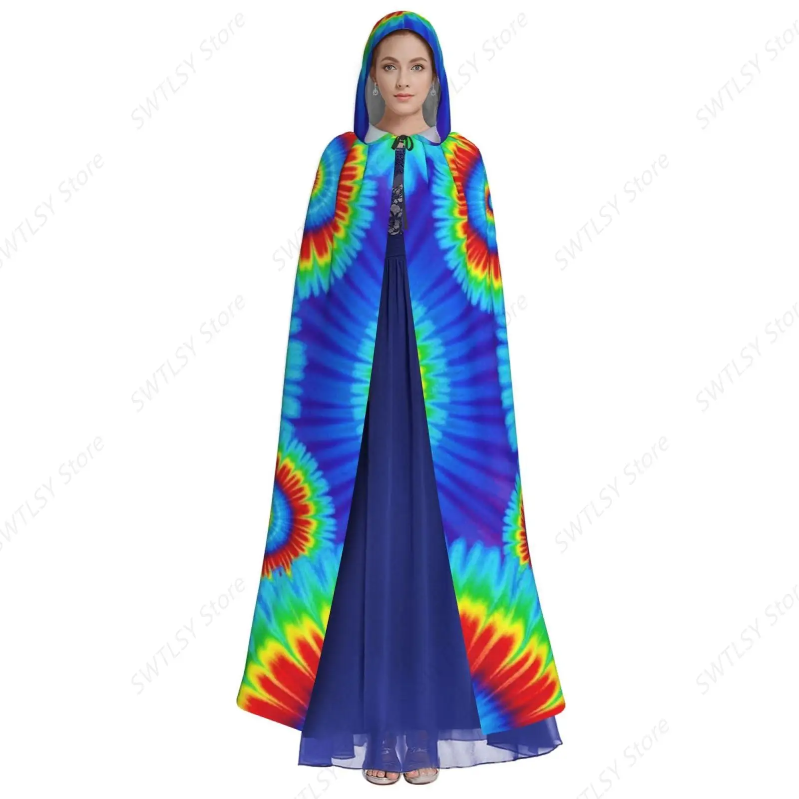 Costume Wizard Cape Compatible with Spiral Tie Dye Blue for Women Men Robe Hooded Cloak Cosplay