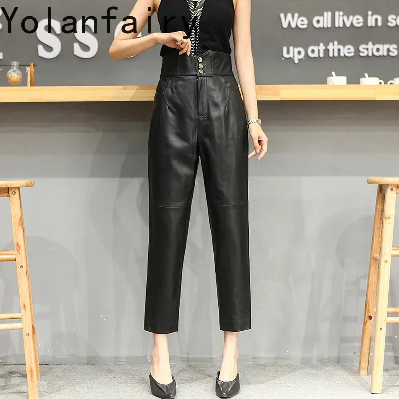 

High Waist Women Genuine Sheepskin Leather Pants Women Casual Black Pants for Women Trousers Pencil Pants Nine-quarter