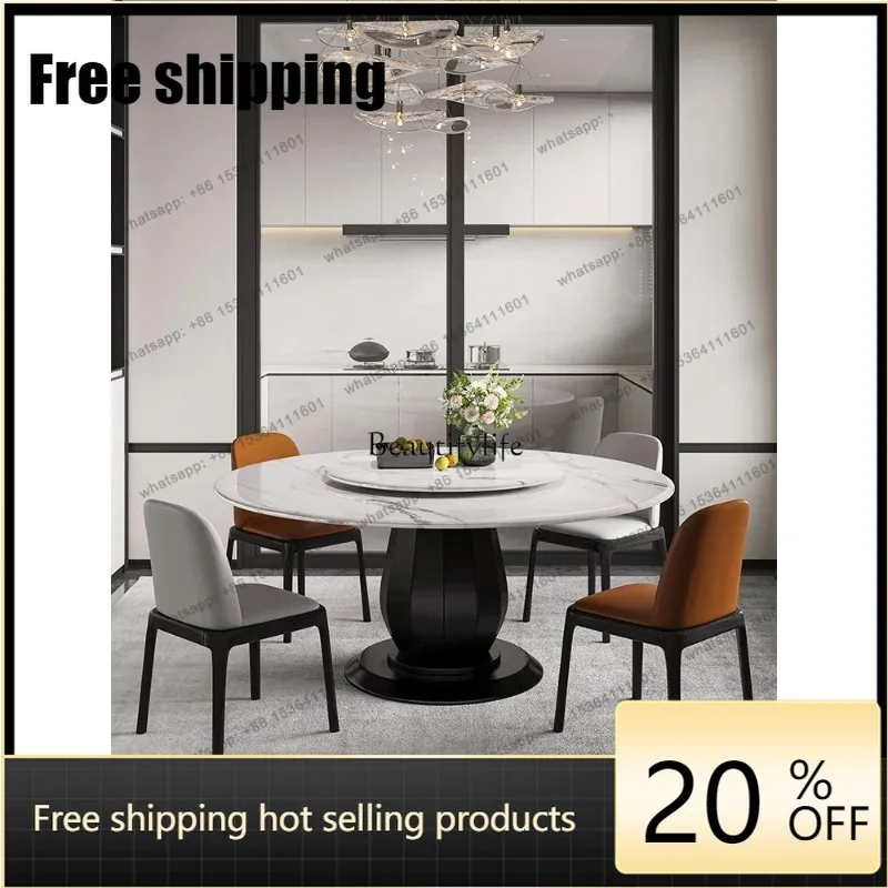 HJ  Marble round Dining Tables and Chairs Set Household Solid Wood with Turntable