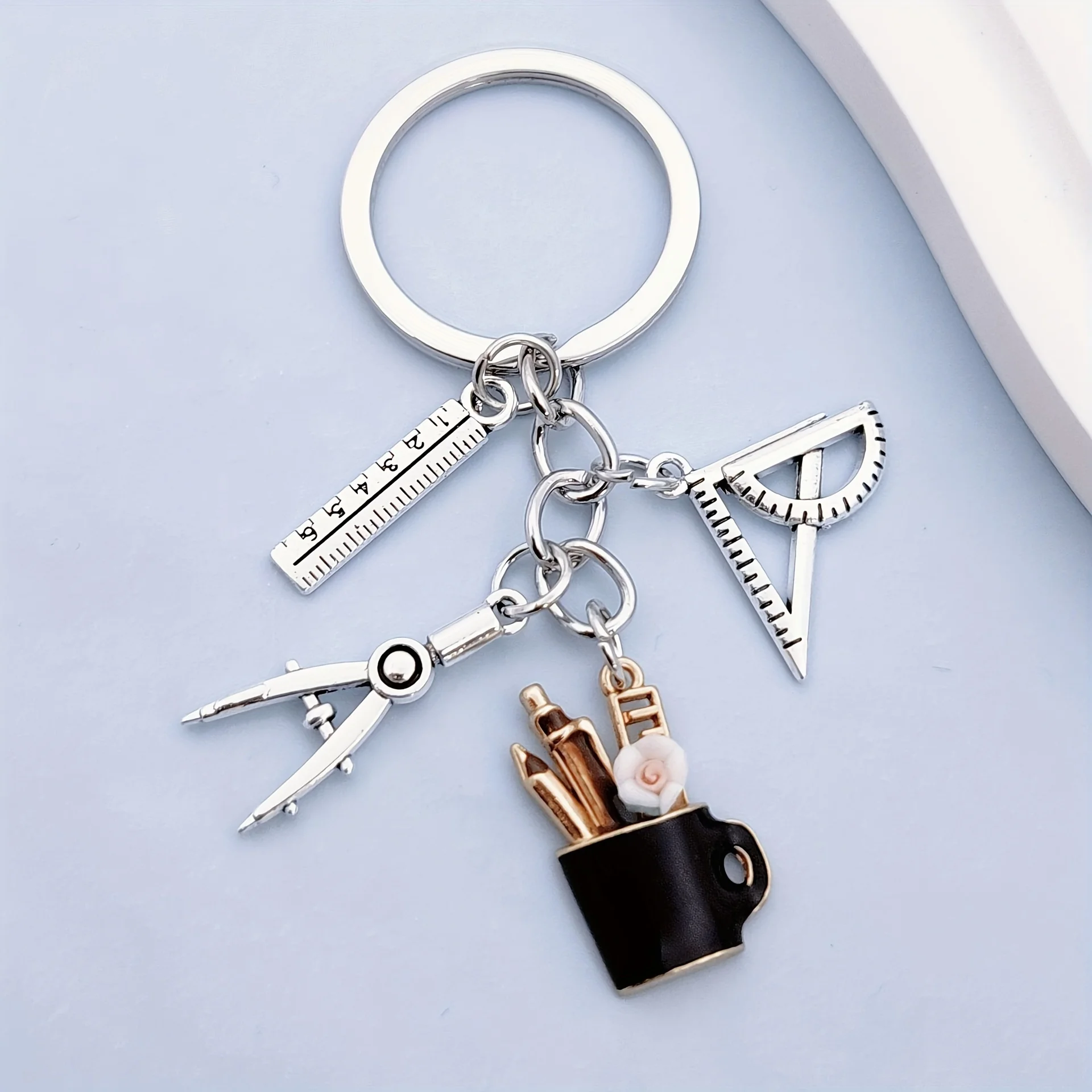 Learning Tools Three-Color Pen Holder Compass Triangle Ruler Four-Section Chain Keychain for Friends, Teachers Classmates