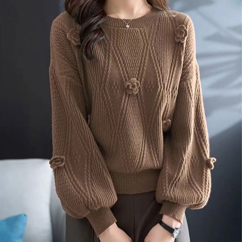 Autumn Winter New Vintage Solid Knitted Sweaters Women Commute Fashion Loose Jumper Chic Floral Embroidery O-neck Pullovers