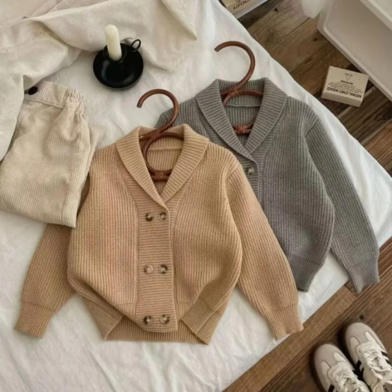 

Knitted Cardigan Jacket for Children Autumn and Winter Korean Fashionable and Loose Double Breasted New Top for Boys and Girls