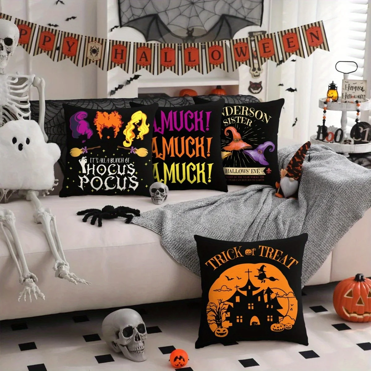 غطاء وسادة بنمط Hocus Pocus & Halloween لديكور المنزل مناسب لغطاء وسادة السيارة لغرفة النوم والأريكة