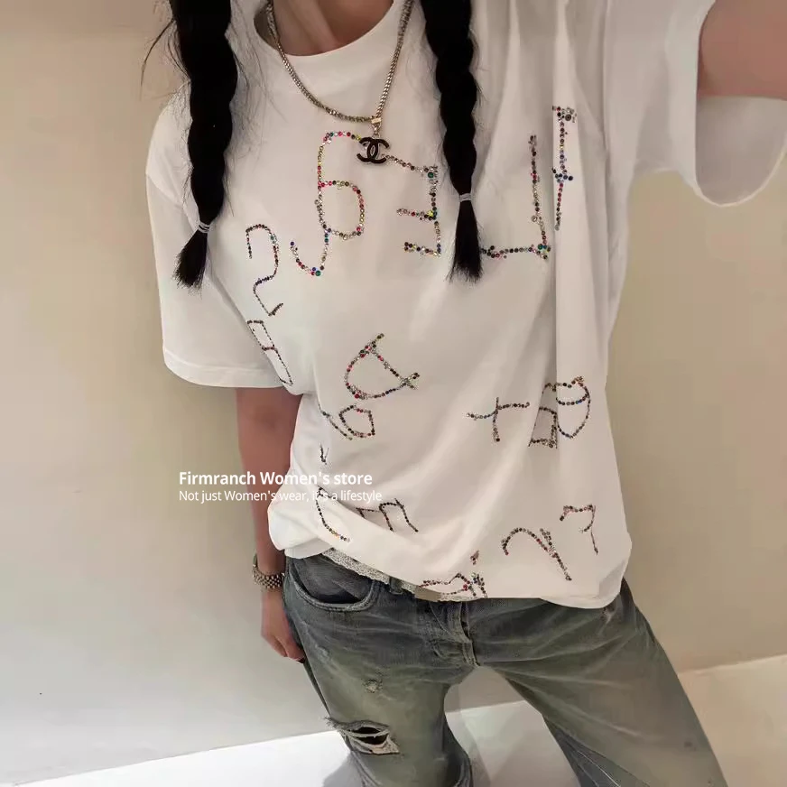 Firmranch 2024 Korean Jennie Color Diamond/ Rhinestone Summer Short-sleeved T-shirts For Women Rould Collar Loose White Tees