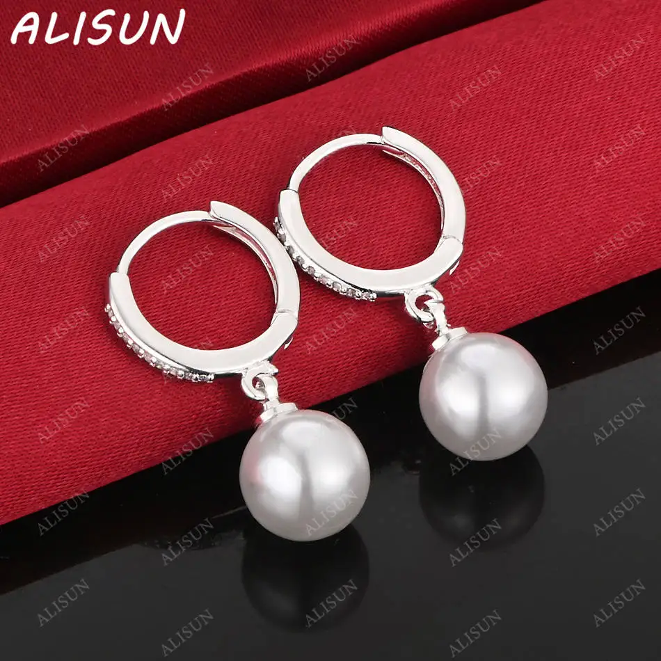 

ALISUN 925 Sterling Silver 12mm Pearl Earrings Drop Earrings Fashion Jewelry Charm Grace Noble Wedding Accessories