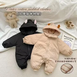 2023 Winter Baby Girls Boys Cute Hooded Rompers Infant Thick Warm Overalls Two Colors