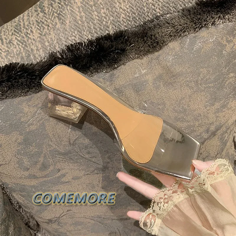 Slippers Women\'s Shoes Mid-heel All-matching New Summer Footwear Ladies Fashion Transparent Crystal Thick Heel Cool Mule Sandal