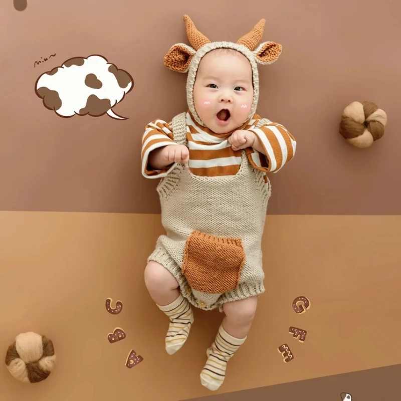 2 Pcs Baby Knitted Cow Ears Hat Romper Set Newborn Photography Props Jumpsuit Infants Photo Clothing Outfits