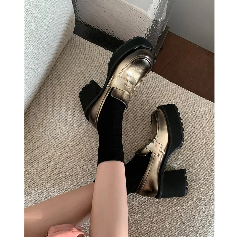 

Genuine Leather High Heel Thick Platform Slip-On Loafers Distressed Color Block Chunky Mid-Cut Shoes for Women