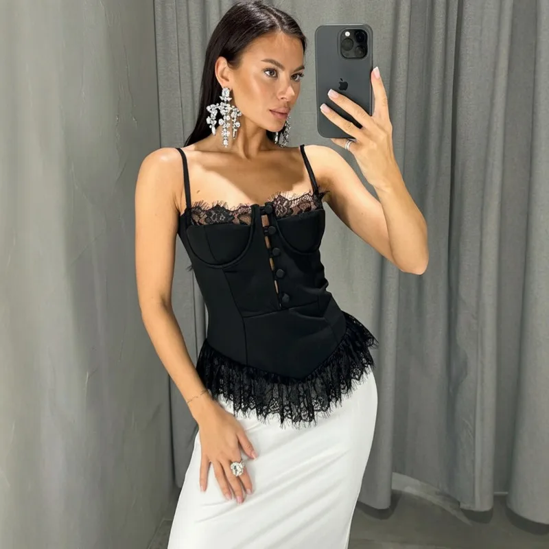 Tuularose Schwarzes Spitzen-Camisole Damenmode Sexy Party-Oberteil für Urlaub Neues Unregelmäßiges Elegantes Spitzen-T-Shirt für Damen