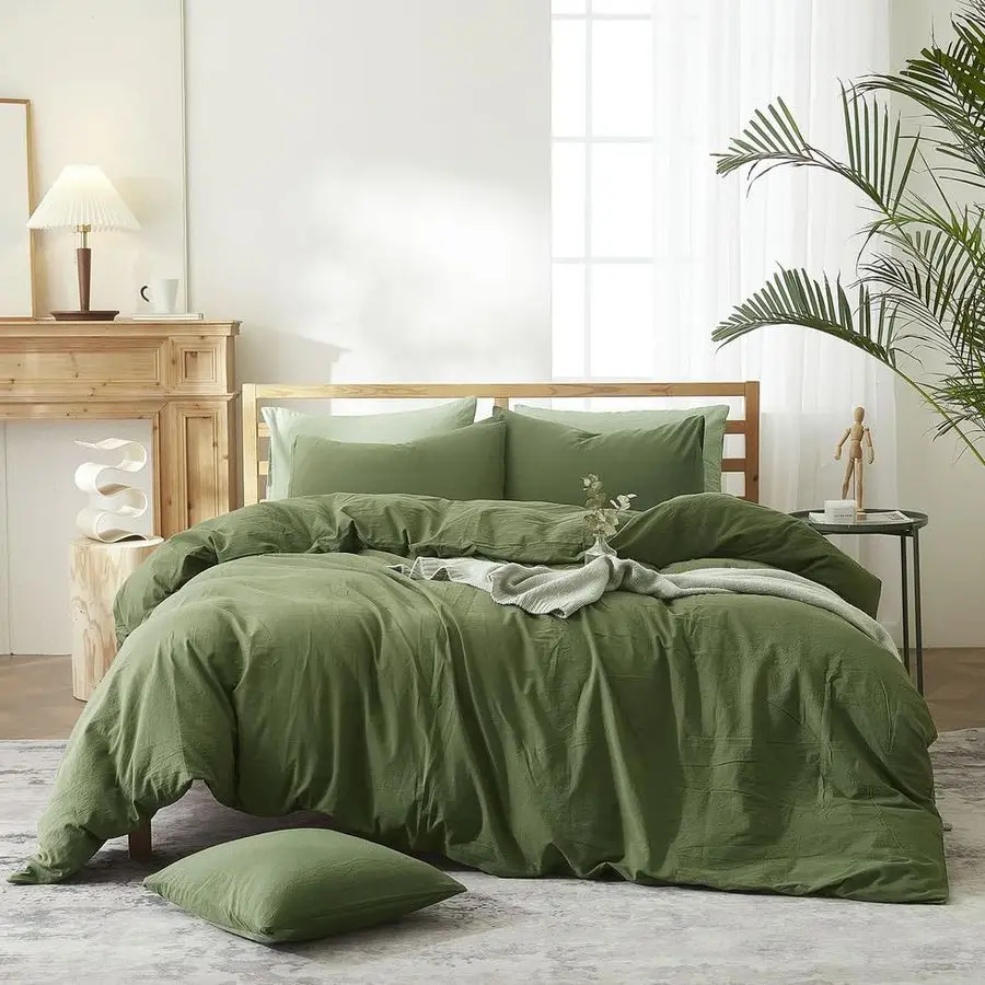 

Army Green Bedding Sets Queen Size Dark Green Duvet Cover 100 Washed Cotton Comforter Cover Modern Style Solid Color, Luxury Sof